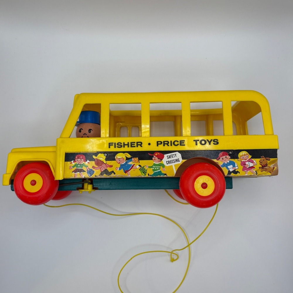 Vintage 1965 Fisher-Price #192 School Bus (1965) Wood Base Bus Front Axle Bent